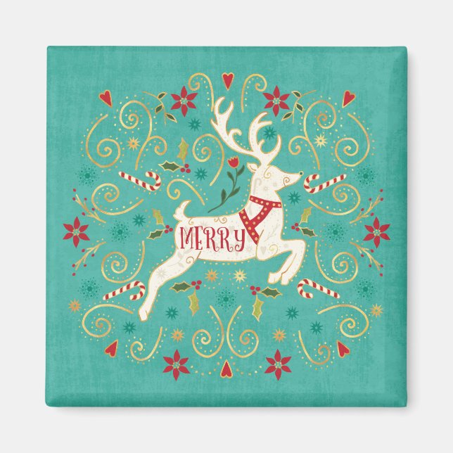 Merry Helgdag Teal Reindeer Magnet (Framsidan)