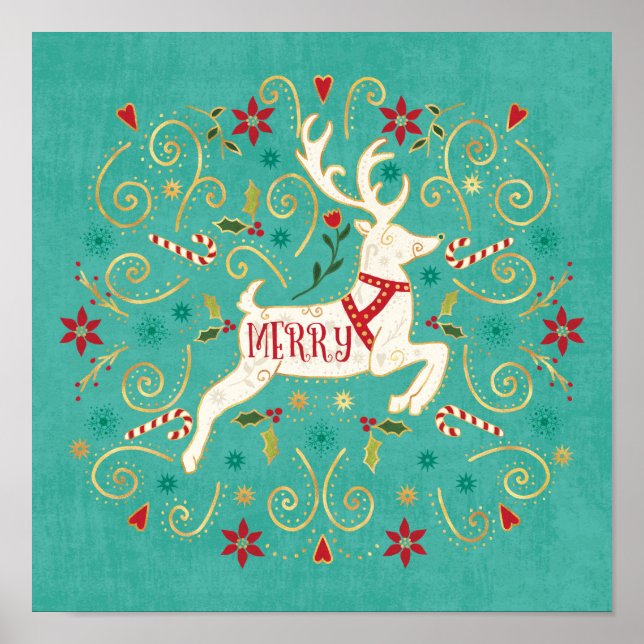 Merry Helgdag Teal Reindeer Poster (Framsidan)