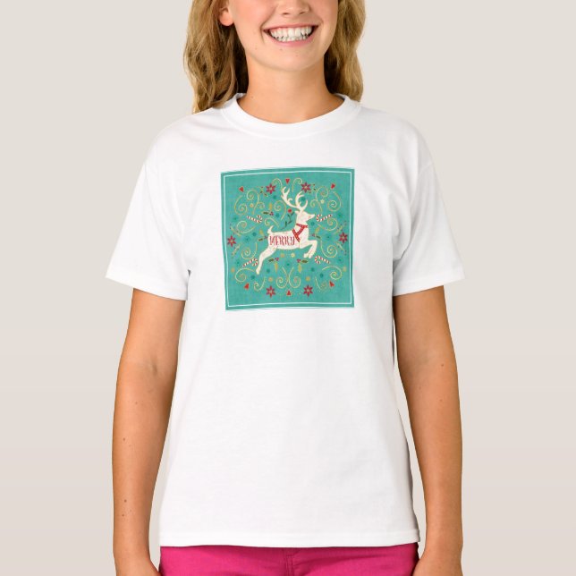 Merry Helgdag Teal Reindeer T Shirt (Framsida)
