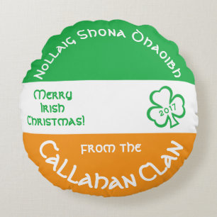 Merry Irish Gaelic-Flagga på Irland Rund Kudde