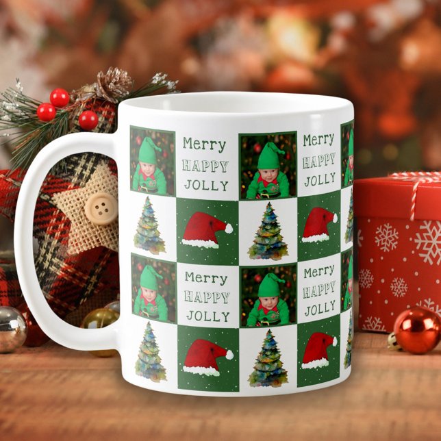 Merry Jolly Julgran Santa Hat Family Photo Kaffemugg (Skapare uppladdad)