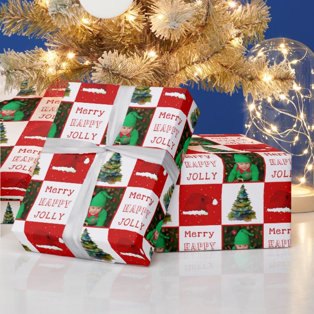 Merry Jolly Julgran Santa Hat Family Photo Presentpapper (Helgdagar)