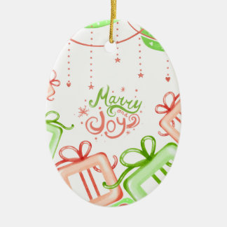 Merry Joy Christmas Greetings with Gifts Design Julgransprydnad Keramik