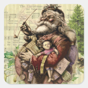 Merry Jultomten Träd Classic Illustration Fyrkantigt Klistermärke