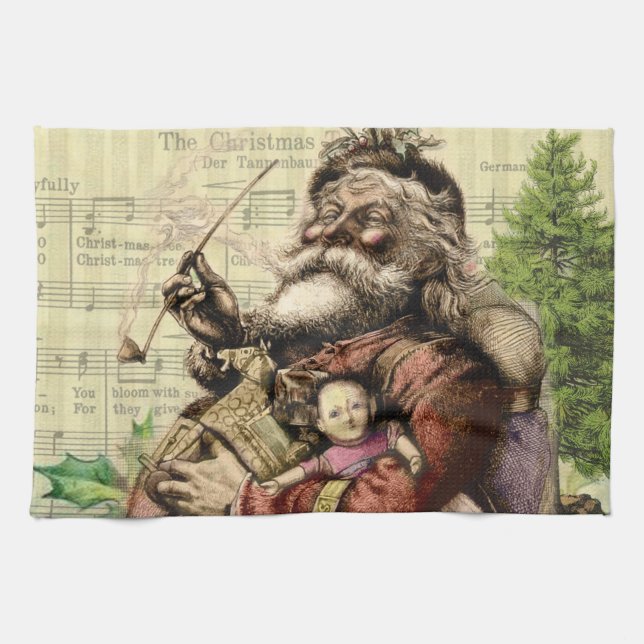 Merry Jultomten Träd Classic Illustration Kökshandduk (Horisontell)