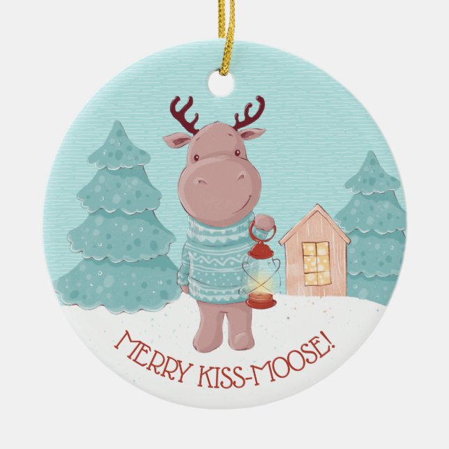 Merry Kiss Moose Julgransprydnad Keramik (Framsidan)