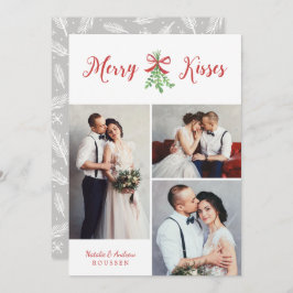 Merry Kisses Modern Three Photo Mistletoe Julkort