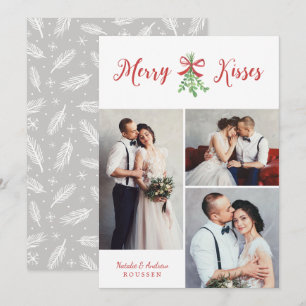 Merry Kisses Modern Three Photo Mistletoe Julkort