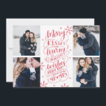 Merry Kisses Warm Önskemål sparar datum 4-foto Spara Datumet<br><div class="desc">Denna moderna och chic helgdag-fotokortets dubblor sparar datumkortet för det nyanställda paret. Framsidan innehåller 4 av dina foton som accentueras av hand plockade snöflingor och handskriven typografi som säger "Merry Kisses and Warm Helgdag from the Soon to BE Mr and Mrs" med vit bakgrund. De omvända dubblorna som ett spara...</div>