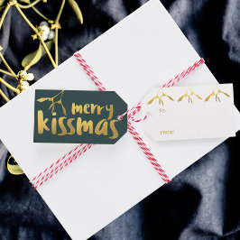 Merry Kissmas Modern Grönt och Guld Mistletoe Presentetikett