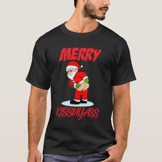 Merry Kissmyass Christmas Rebel Funny Santa Claus  T Shirt (Framsida)