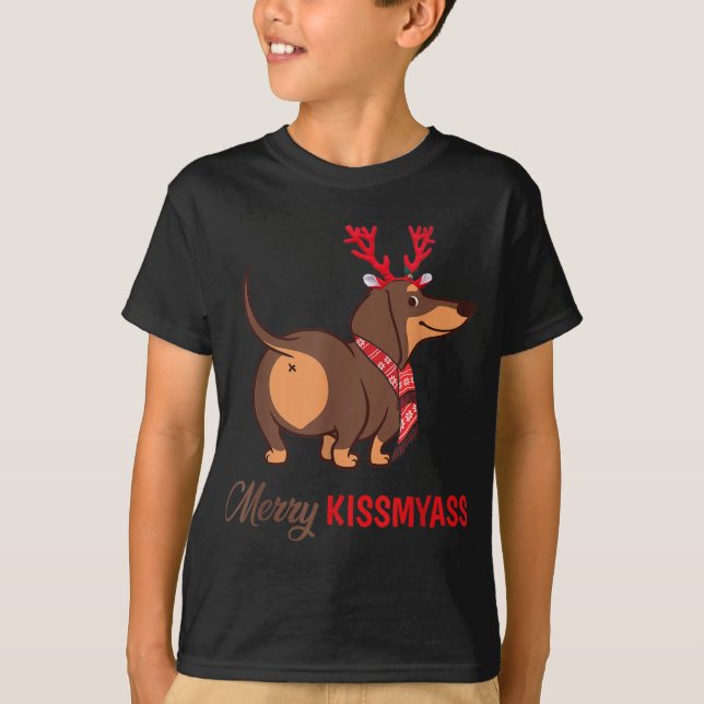 Merry Kissmyass Funny jul Reindeer Dachshund T Shirt (Framsida)