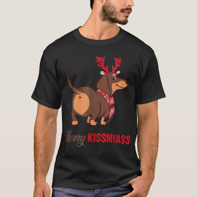 Merry Kissmyass Funny jul Reindeer Dachshund T Shirt (Framsida)