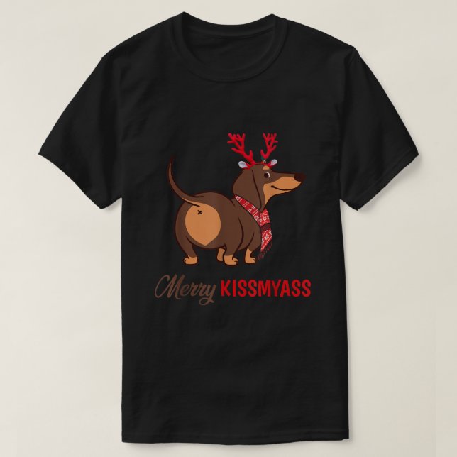 Merry Kissmyass Funny jul Reindeer Dachshund T Shirt (Design framsida)
