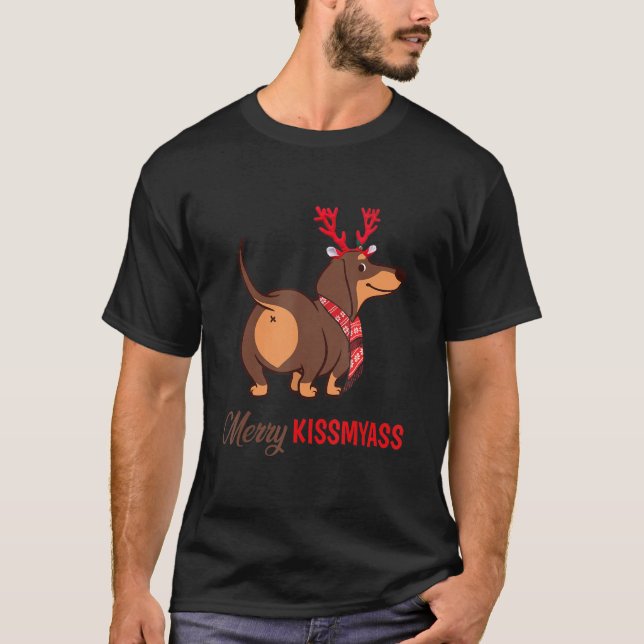 Merry Kissmyass jul Reindeer Dachshund Hund T Shirt (Framsida)