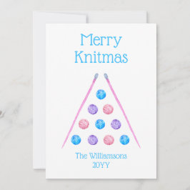 Merry Knitmas Rosa Retro Watercolor Yarn Julkort