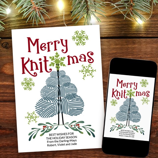 Merry Knitmas Yarn Julgran och Snöflingor Julkort (Fun yarn themed Christmas Card. Buy professionally printed or as a printable digital download.)