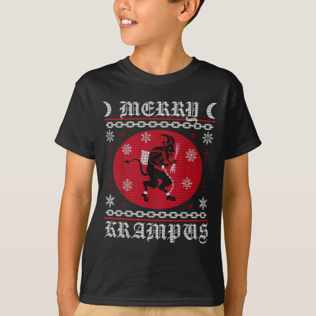 Merry Krampus. Goth Christmas Ugly Sweater. Krampu T Shirt (Framsida)
