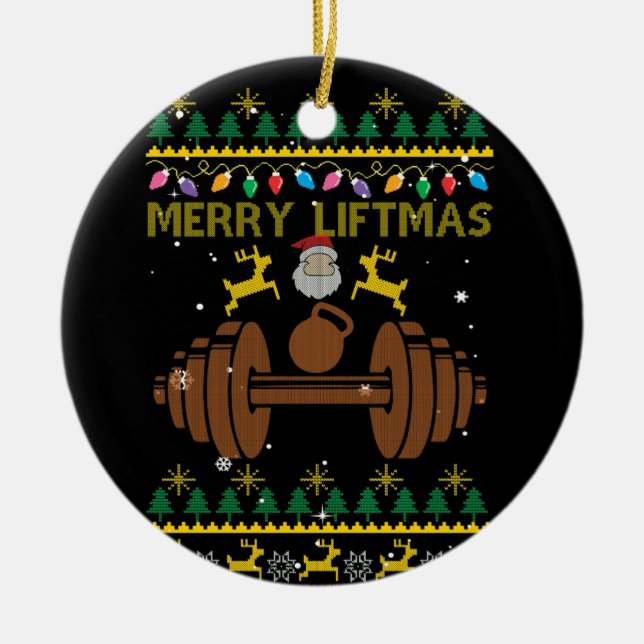 Merry Liftmas Fitness Weightlift BodyBuilder Julgransprydnad Keramik (Framsidan)