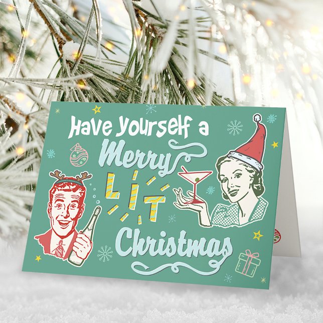 Merry Lit jul Retro Midhundsnugny Kort (Skapare uppladdad)