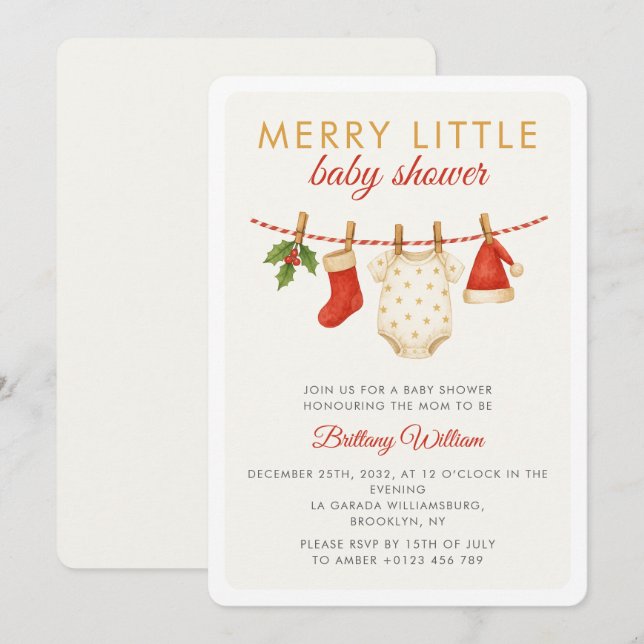 Merry Little Baby Clothesline Baby Shower Inbjudningar (Fram/baksida)