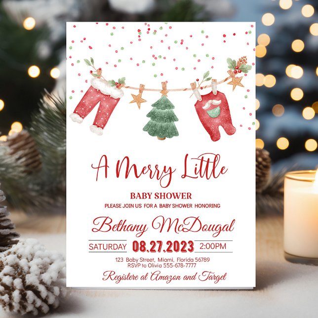 Merry Little Baby Shower Santa Baby Inbjudningar (A Christmas baby shower invitation with a vintage Santa, festive red and green colors, and the phras)