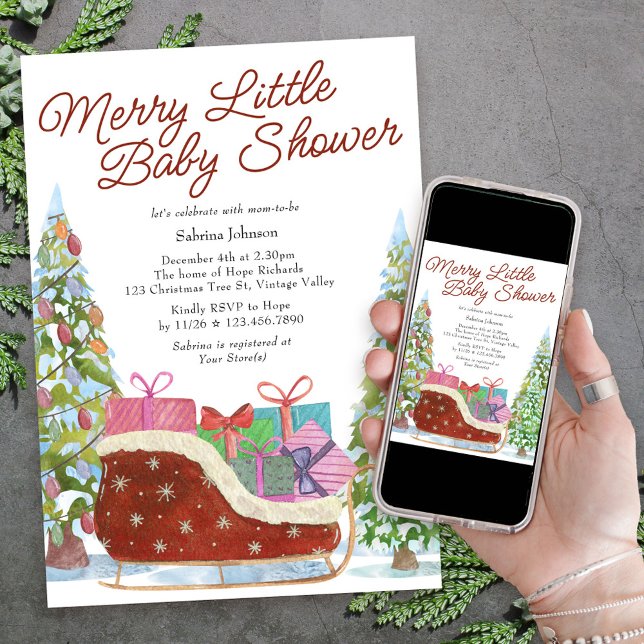 Merry Little Baby Shower Vintage Sleigh Inbjudningar (Merry Little Baby Shower Invitation for the holiday season with christmas tree and red velvet sleigh)
