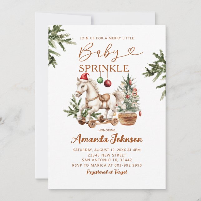 Merry Little Christmas Rocking Horse Baby Sprinkle Inbjudningar (Framsida)