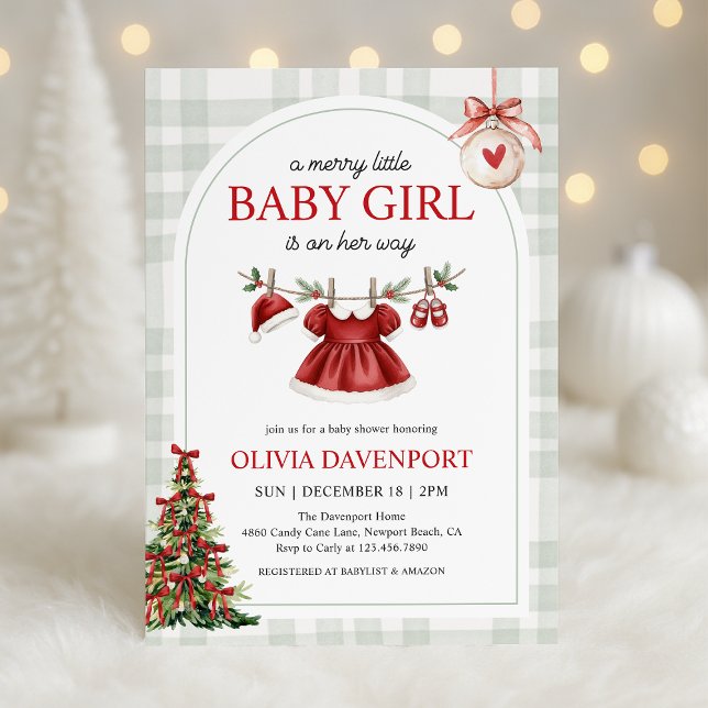 Merry Little Girl Gingham Christmas Baby Shower Inbjudningar (Skapare uppladdad)