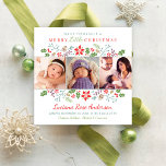 Merry Little jul Babys First Photo Collage Julkort<br><div class="desc">Snyggtens vita fyrkantiga fotokort med texten "Ha en god jul" i modernt format med anpassningsbar för baby namn,  födelsedatum och statistik. En blommigt gräns av holly,  bär,  löv,  pinekoner och grenar ramar av dina tre (3) favoritfoton för nyfödda. Färg: vit med rött,  dammig lila,  grönt,  brun och rött vattenblått.</div>