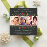 Merry Little jul Babys First Photo Collage Julkort<br><div class="desc">Snyggtens fyrkantiga fotokort innehåller texten "Ha dig själv en god jul" i modernt format med anpassningsbar för baby namn, födelsedatum och statistik. En blommigt gräns av holly, bär, löv, pinekoner och grenar ramar av dina tre (3) favoritfoton för nyfödda. Färg: grått/svart med rött, dammig lila, grönt, brun och rött vattenblått....</div>