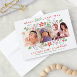 Merry Little jul Babys First Photo Collage Julkort<br><div class="desc">Snyggtens fyrkantiga fotokort innehåller texten "Ha dig själv en god jul" i modernt format med anpassningsbar för baby namn, födelsedatum och statistik. En blommigt gräns av holly, bär, löv, pinekoner och grenar ramar av dina tre (3) favoritfoton för nyfödda. Färg: vit med rött, dammig lila, grönt, brun och rött vattenblått....</div>