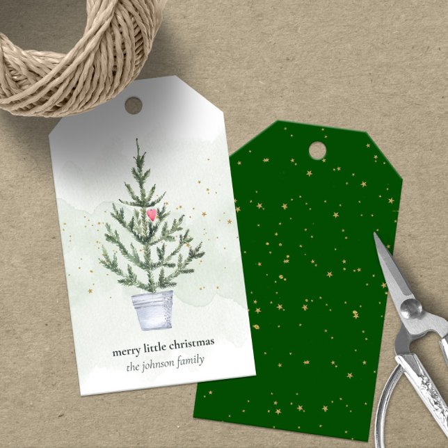 Merry Little Julgran Presentetikett (Cute Personalized Merry Little Christmas Gift Tags with Christmas Green Accents)