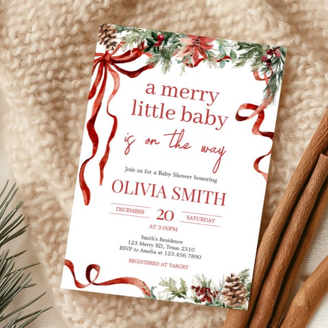 Merry Little jultomten Baby Shower Inbjudningar (Red Bow Merry Little Christmas Baby Shower Invitation)