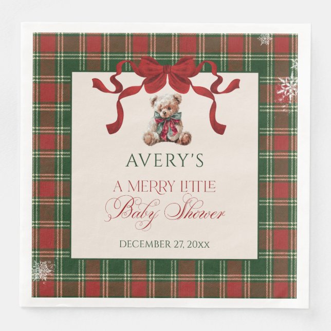Merry Little Red Bow Christmas Plaid  Pappersservett (Framsida)