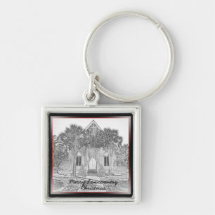 Merry Lowcountry jul Bluffton Church Sketch Fyrkantig Silverfärgad Nyckelring