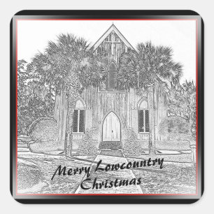 Merry Lowcountry jul Bluffton Church Sketch Fyrkantigt Klistermärke