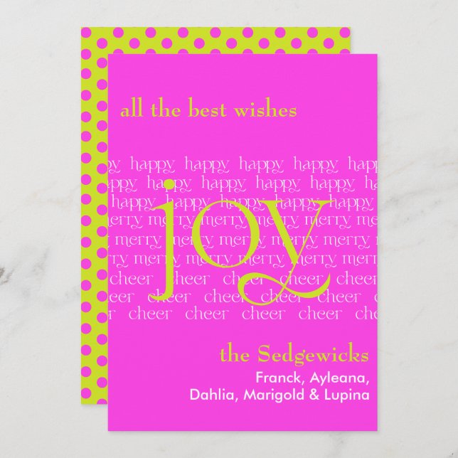 Merry Lycklig Cheer Joy Shock rosa Julkort (Fram/baksida)