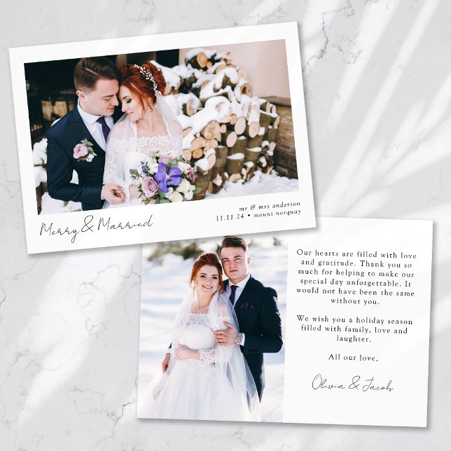 Merry & Married 2 Photo Calligraphy Bröllop Julkort (Skapare uppladdad)