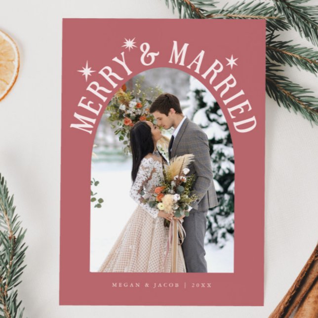 Merry & Married Arch Newlyged Photo Rosa Julkort (Skapare uppladdad)