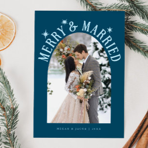 Merry & Married Arch Newlyged Photo Teal Julkort
