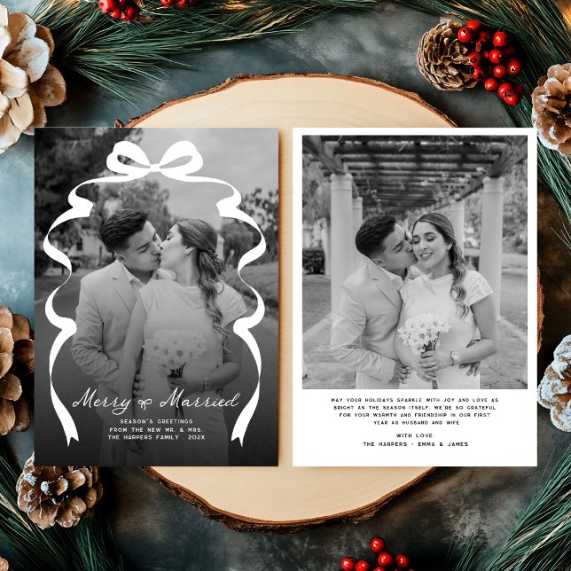 Merry & Married Bow Photo jul Newlyweds Julkort (Skapare uppladdad)