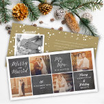 Merry & Married Chalkboard 4 Photo Collage Bröllop Julkort<br><div class="desc">Det här moderna och enkla helgdag/julmas-bröllop-annonskortet har orden "Merry and Married" i ett trendig med vit manusgrafi på en vintage svart krita med 4 fotokollage. Baksidan innehåller ett fullt-snowdots mönster, ett ögonblicksbildobjekt och ett anpassningsbara helgdag-meddelande. Basbakgrunden kan ändras till valfri färg. All/Mest text är redigerbar. Designade/ursprungliga teckningar efter tjock*fa*tin*i. Enkel...</div>