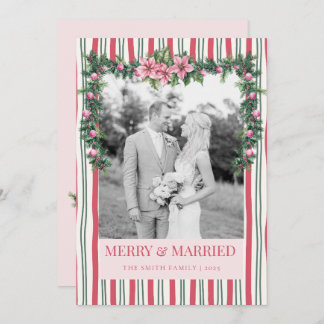 Merry & Married Christmas Garland Striped Photo Julkort