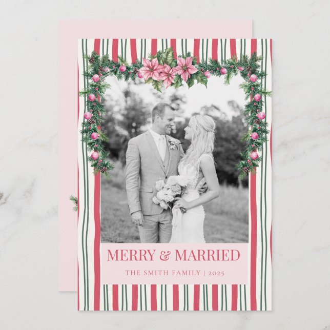 Merry & Married Christmas Garland Striped Photo Julkort (Fram/baksida)