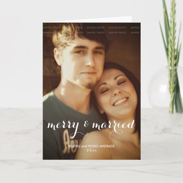 Merry Married jul Photo White Script Helgdag Helgkort (Framsida)