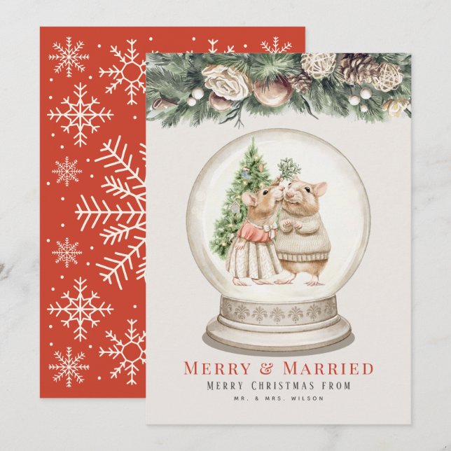 Merry & Married Mouse Ett par jul Snö Grobe Julkort (Fram/baksida)