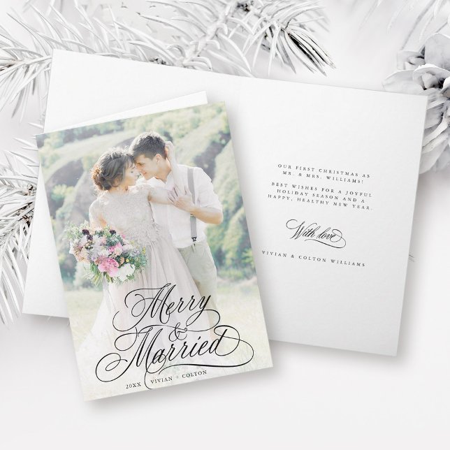 Merry & Married Newly Weiss Första julfoto Helgkort (Front & Inside)