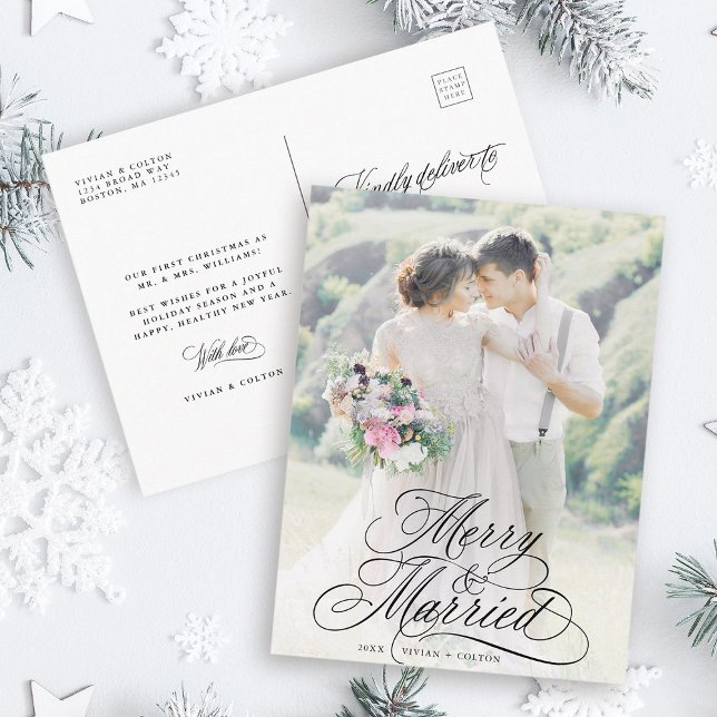 Merry & Married Newly Weiss Första julfoto Vykort (Front & Back)