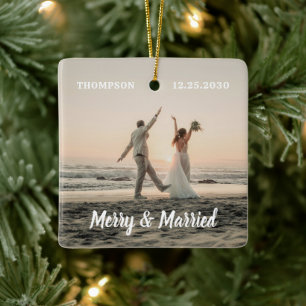 Merry & Married Newlyged Couple Photo Jul Julgransprydnad Keramik